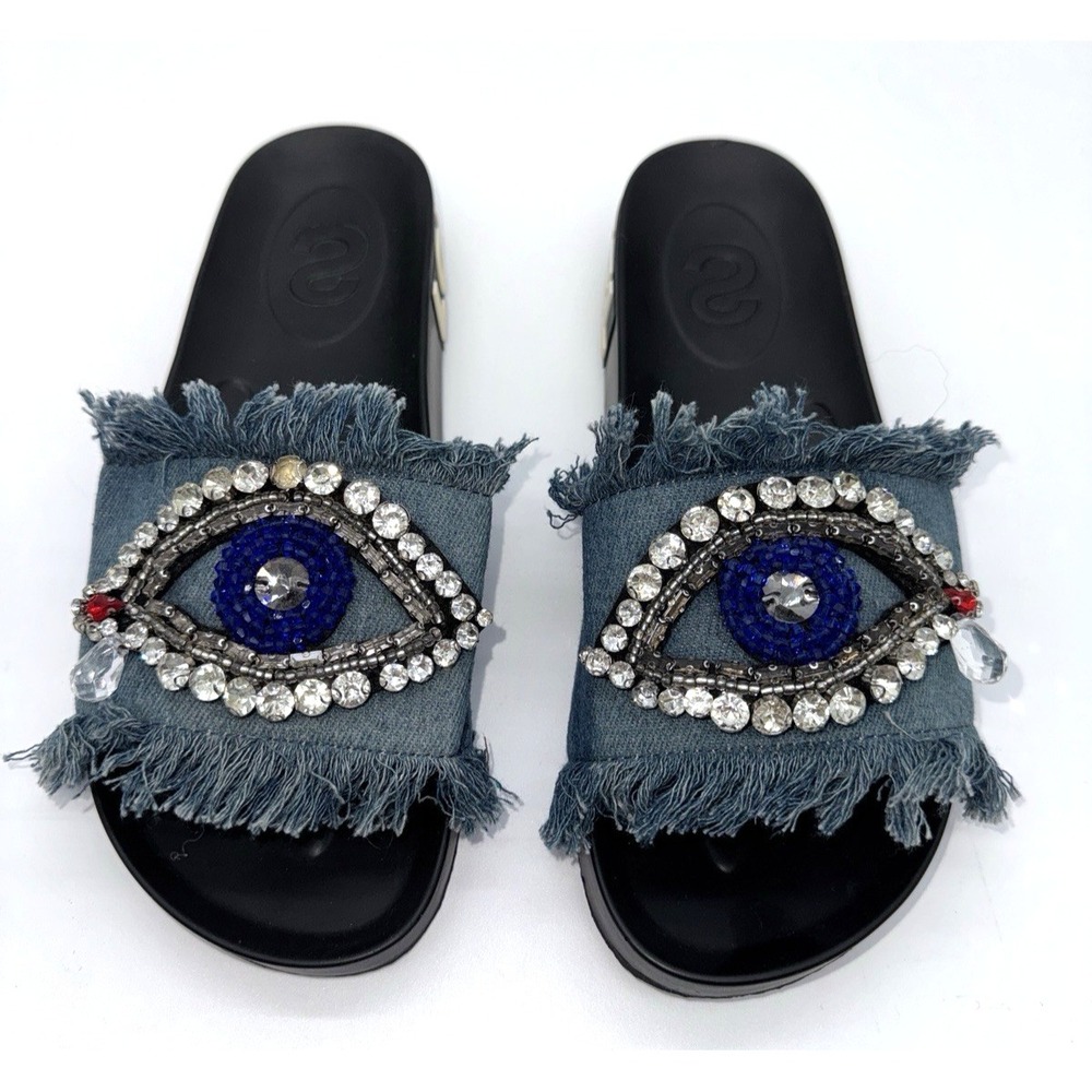 Evil Eye Crystals Rhinestones Beads Blue‎ Denim Fringe Sandals Slides Sz 9